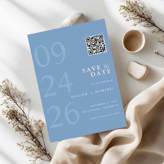 Save The Date Mariage Code QR Typographie Moderne Bleu Poussiére