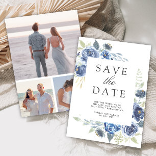 Save The Date Mariage Collage de Photos Floral Bleu Poussiéreux