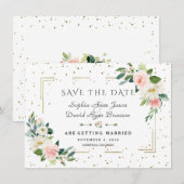 Save The Date Mariage Confetti Cadre Doré Fleurs Roses Luxe (Devant / Derrière)