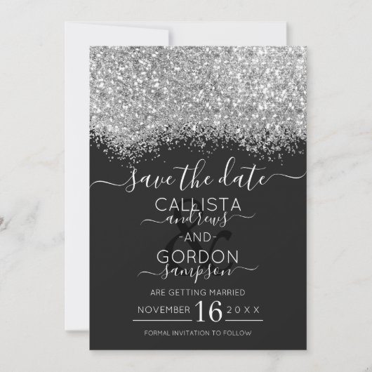 Save The Date Mariage Confetti Parties scintillant noire en arge (Devant)
