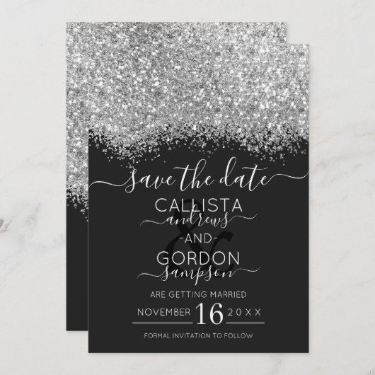 Save The Date Mariage Confetti Parties scintillant noire en arge (Devant / Derrière)
