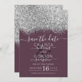 Save The Date Mariage Confetti Parties scintillant violet argent (Devant / Derrière)