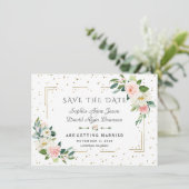 Save The Date Mariage Confettis Fleurs Roses Dorées Cadre Luxe (Debout devant)
