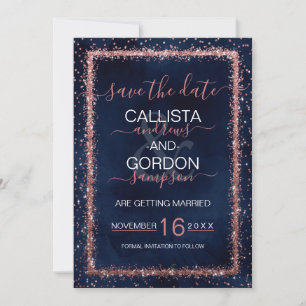 Save The Date Mariage Confettis Pailletés Bleu Nuit et Or Rose