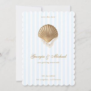 Save The Date Mariage Côte Élégante Coquillage Or et Bleu