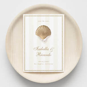 Save The Date Mariage côtier en coquille dorée à rayures jaunes