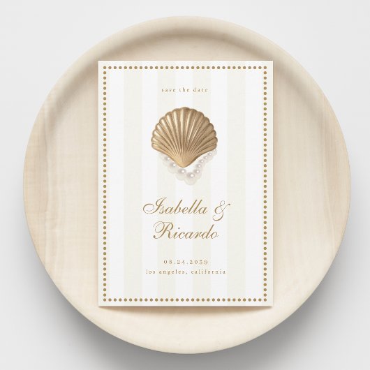 Save The Date Mariage côtier en coquille dorée à rayures jaunes