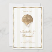 Save The Date Mariage côtier en coquille dorée à rayures jaunes (Devant)