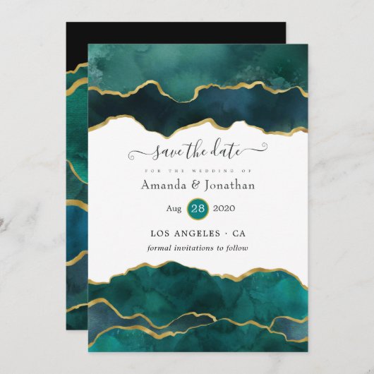 Save The Date Mariage d'Agate de Géode turquoise et Gold (Devant / Derrière)