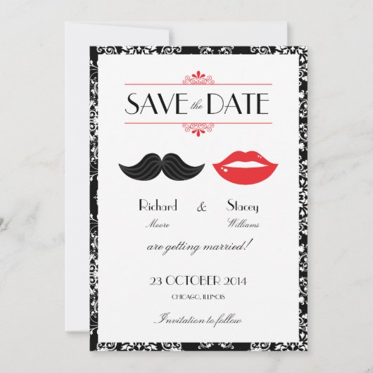 Save The Date Mariage Damask à la Moustache & Lèvres Rouges, Noi (Devant)