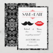 Save The Date Mariage Damask à la Moustache & Lèvres Rouges, Noi (Devant / Derrière)