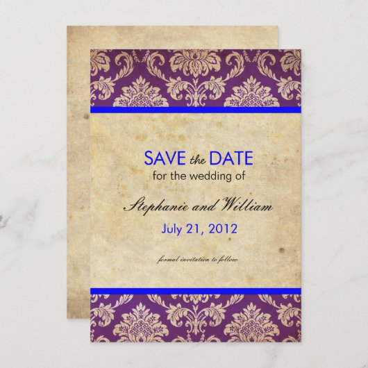 Save The Date Mariage damassé bleu et violet Enregistrer la date (Devant / Derrière)