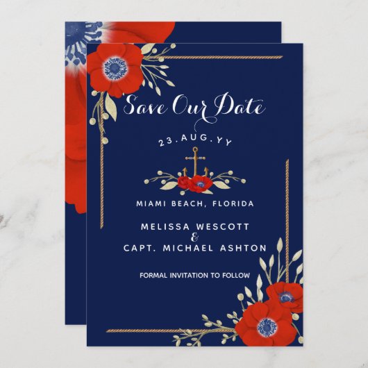 Save The Date Mariage d'Ancre d'anémone bleu et blanc rouge (Devant / Derrière)