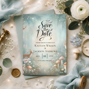 Save The Date Mariage dans une forêt enchantée de sarcelle et de