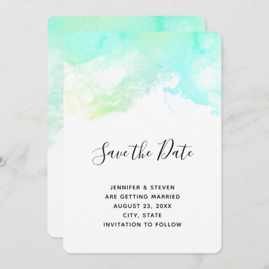 Save The Date Mariage d'aquarelle Abstrait vert et bleu (Devant / Derrière)