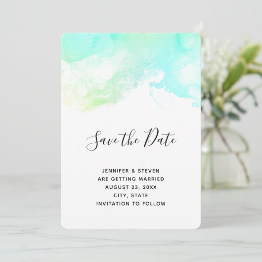 Save The Date Mariage d'aquarelle Abstrait vert et bleu (Debout devant)