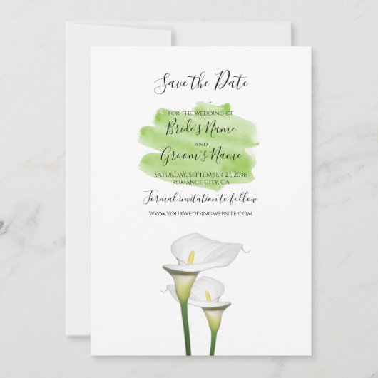 Save The Date Mariage d'aquarelle blanc Calla Lilies (Devant)