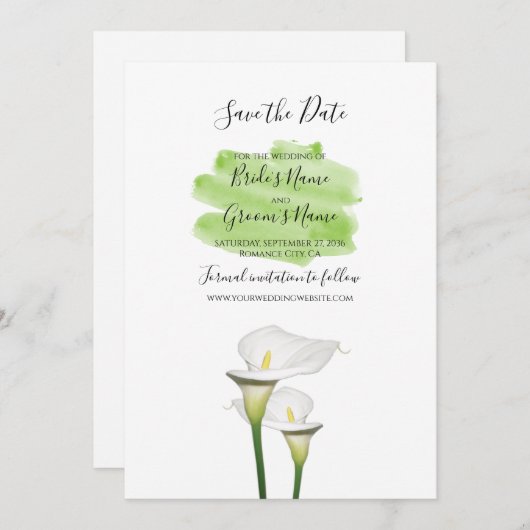 Save The Date Mariage d'aquarelle blanc Calla Lilies (Devant / Derrière)