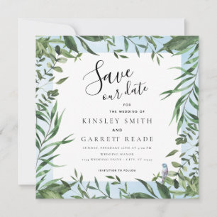 Save The Date Mariage d'aquarelle bleu doux pour cadre Eucalyptu