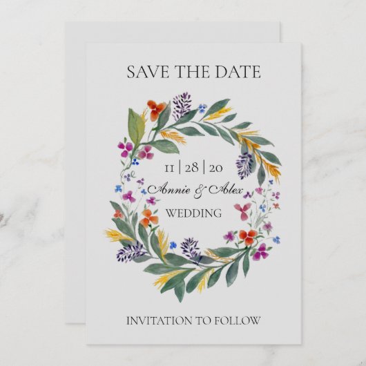 Save The Date Mariage d'aquarelle d'automne Rustique Wreath (Devant / Derrière)