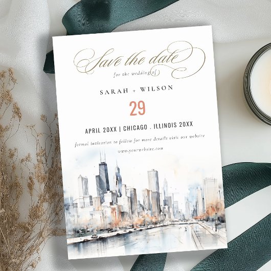 Save The Date Mariage d'aquarelle de Chicago, Illinois City Scap