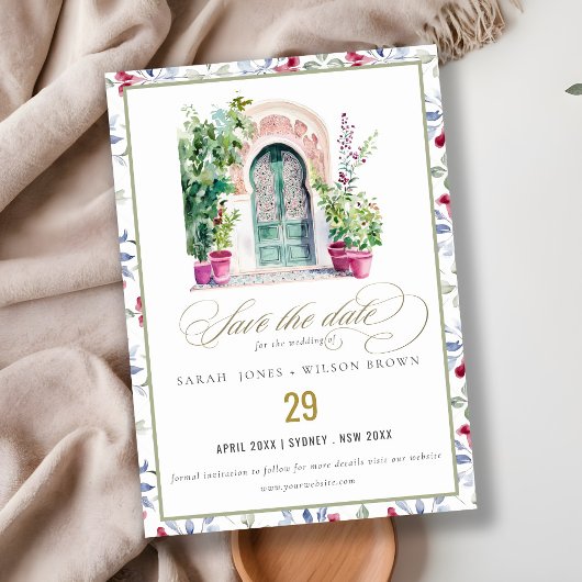 Save The Date Mariage d'aquarelle de porte marocaine tropicale