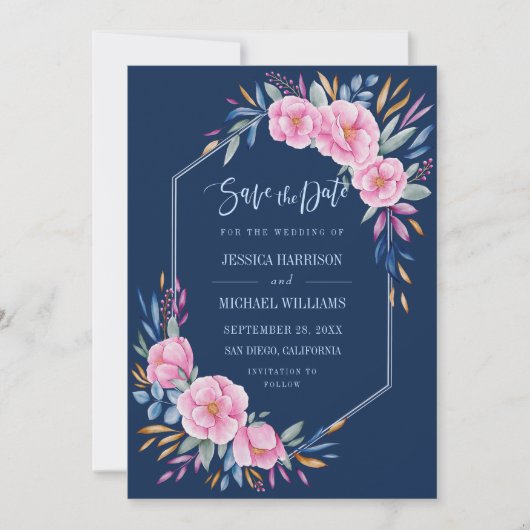 Save The Date Mariage d'aquarelle florale bleu marine (Devant)