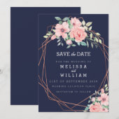 Save The Date Mariage d'aquarelle florale de cuivre géométrique (Devant / Derrière)