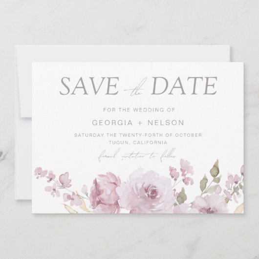 Save The Date Mariage d'aquarelle florale Mauve Blush Dusty (Devant)
