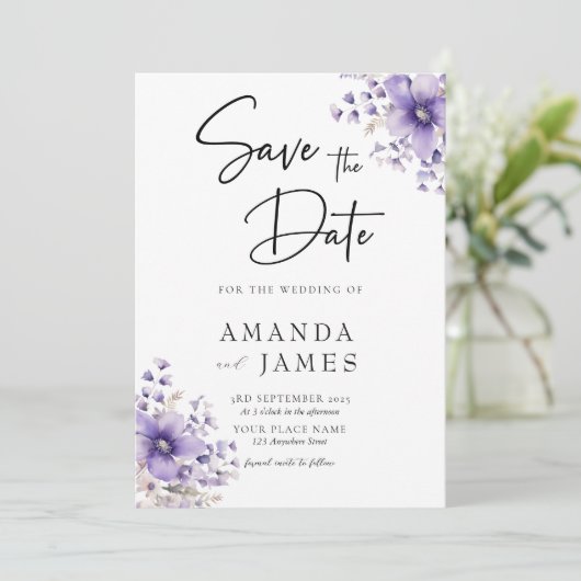 Save The Date Mariage d'aquarelle florale pourpre (Debout devant)