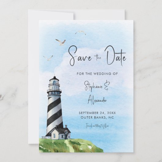 Save The Date Mariage d'aquarelle marine phare (Devant)