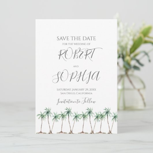Save The Date Mariage d'aquarelle moderne Palm Tree (Debout devant)