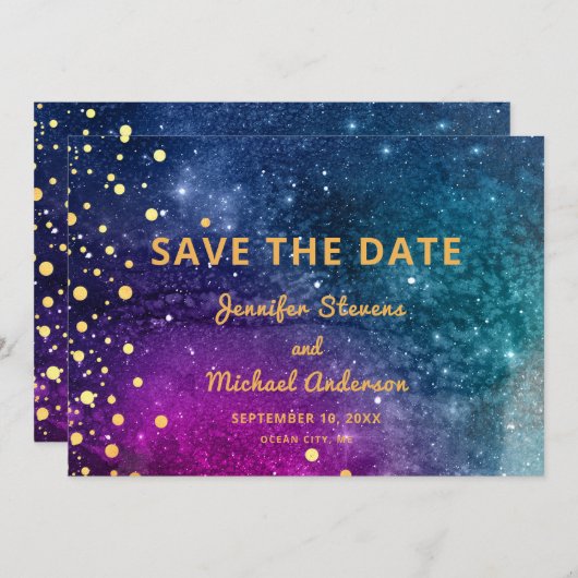 Save The Date Mariage d'aquarelle Peacock bleu or moderne (Devant / Derrière)