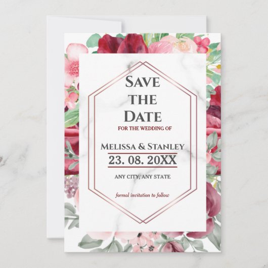 Save The Date Mariage d'aquarelle rose bordeaux moderne (Devant)