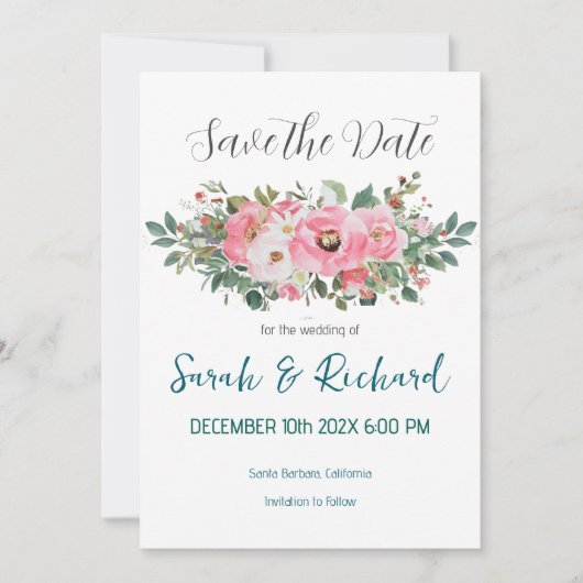 Save The Date Mariage d'aquarelle rose romantique de printemps (Devant)