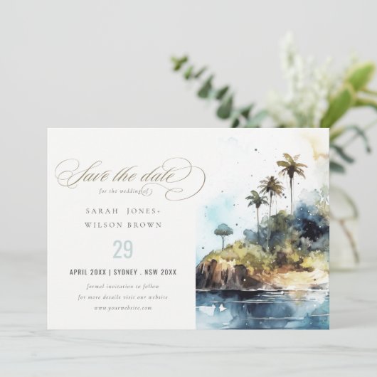 Save The Date Mariage d'aquarelle Seascape Palm Tree Island (Debout devant)