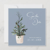 Save The Date Mariage d'arbre de Noël bleu et noir poussiéreux (Devant)