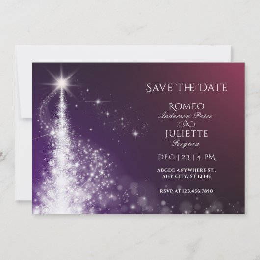 Save The Date Mariage d'arbre de Noël élégant scintillant pourpr (Devant)
