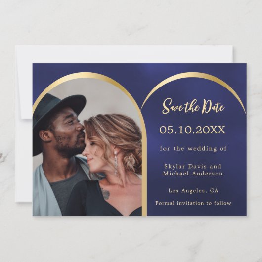 Save The Date Mariage d'arche photo moderne en or bleu (Devant)