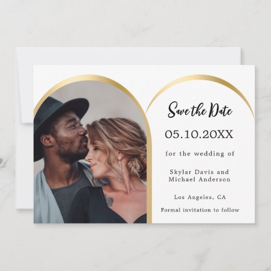 Save The Date Mariage d'arche photo moderne en or noir blanc (Devant)