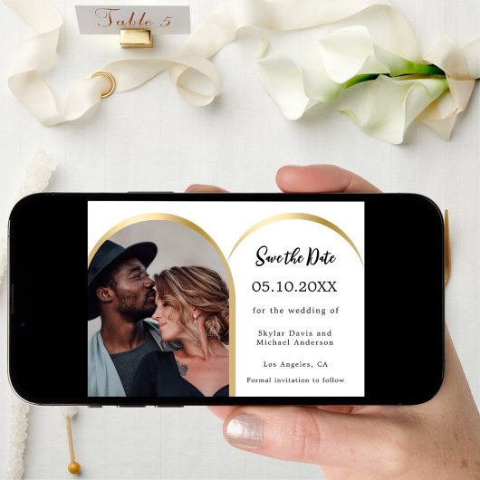 Save The Date Mariage d'arche photo moderne en or noir blanc
