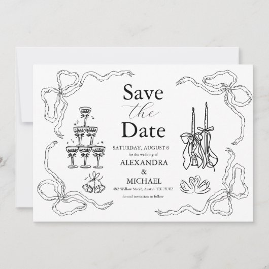 Save The Date Mariage d'art gribouillé noir et blanc (Devant)