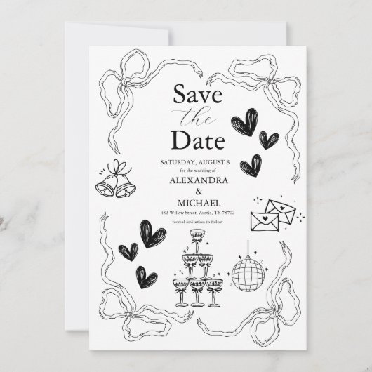 Save The Date Mariage d'art gribouillé noir et blanc (Devant)