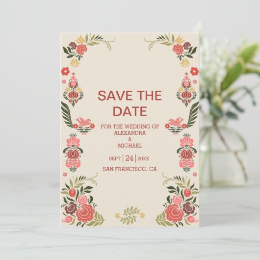 Save The Date Mariage d'art populaire floral (Debout devant)