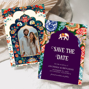 Save The Date Mariage d'aubergine flamboyante Art populaire indi