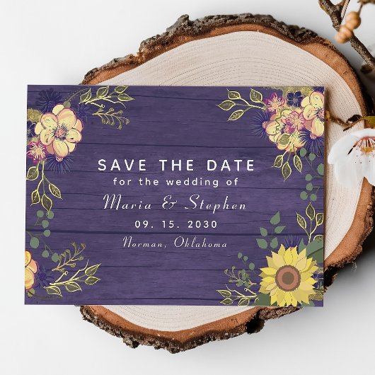 Save The Date Mariage d'automne aux tournesols et fleurs pourpre