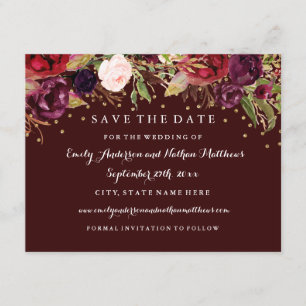 Save The Date Mariage de automne Floral Or Bourgogne Enregistrer
