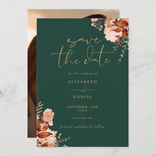Save The Date Mariage de automne photo Emerald And Gold Rustic F (Devant / Derrière)