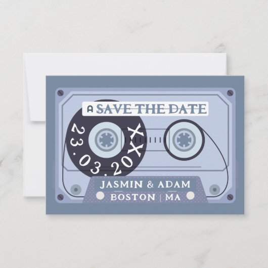 Save The Date Mariage de bande de cassette bleu rétro Dusty (Devant)