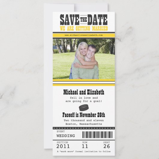Save The Date Mariage de billets de hockey Enregistrer la date (Devant)